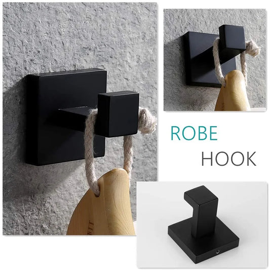 Wall Mounted Towel Bar + Hooks - Black Stainless Steel Hardware Set