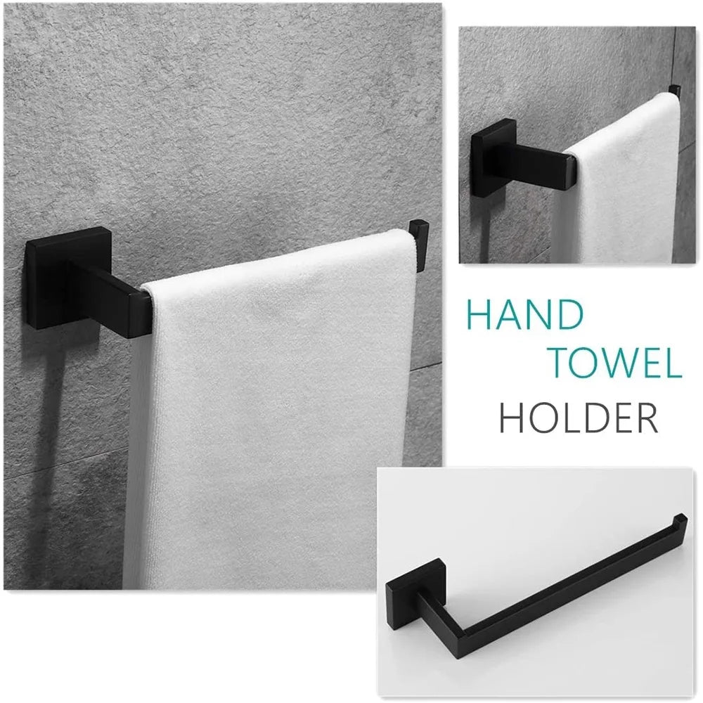 Wall Mounted Towel Bar + Hooks - Black Stainless Steel Hardware Set