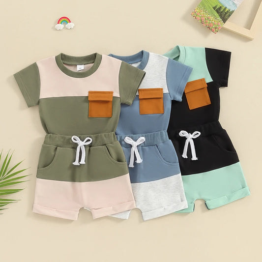 Short Sleeve Pocket T-Shirt with Elastic Waist Shorts Set