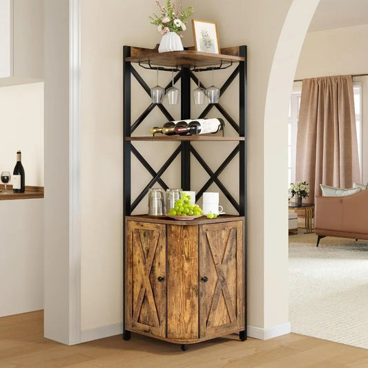 Industrial Corner Bar Shelf & Cabinet with Glass & Wine Holder 5-Tiers