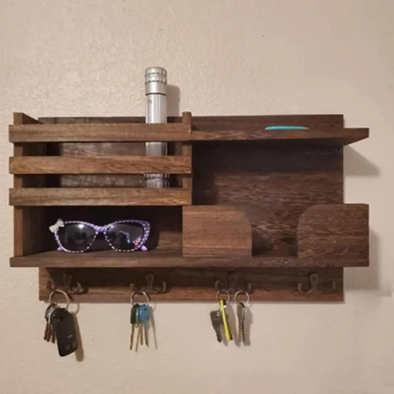 Wooden Floating Box & Hook Wall Shelf