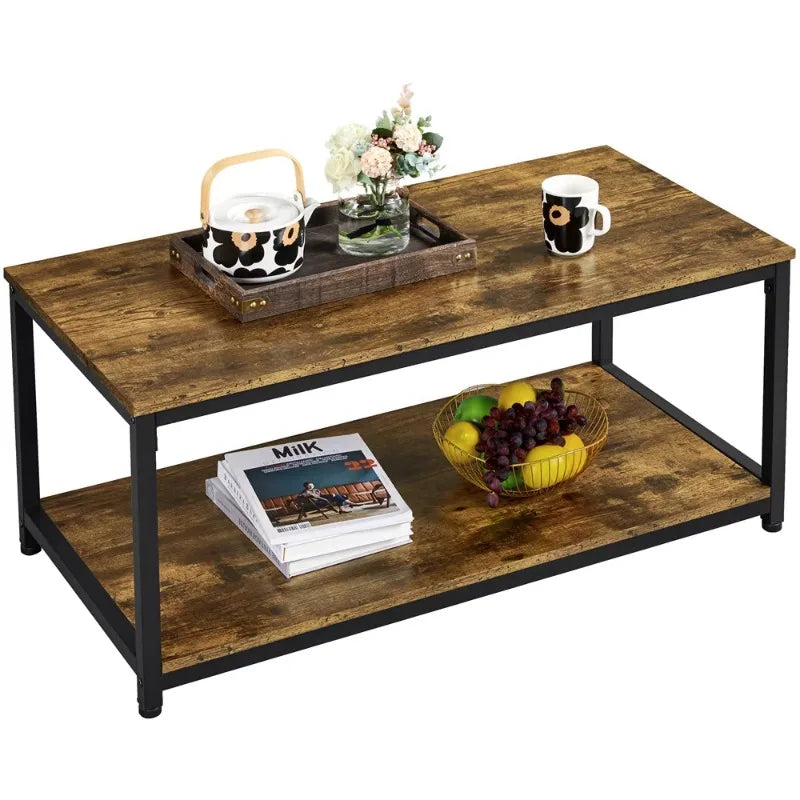 Industrial Coffee Table with Storage Shelf, Rustic Brown