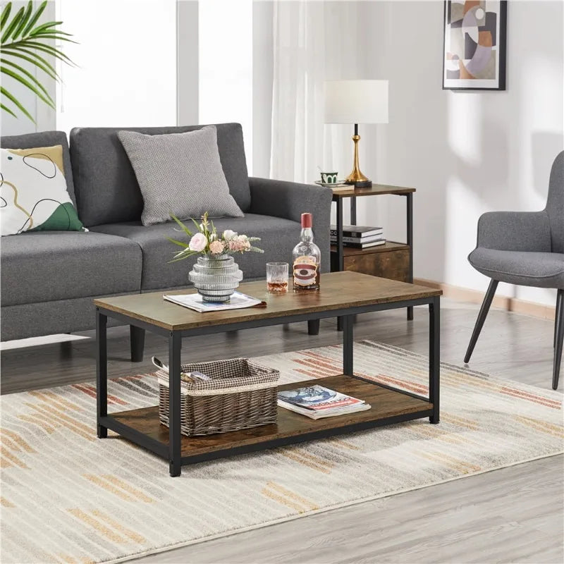 Industrial Coffee Table with Storage Shelf, Rustic Brown