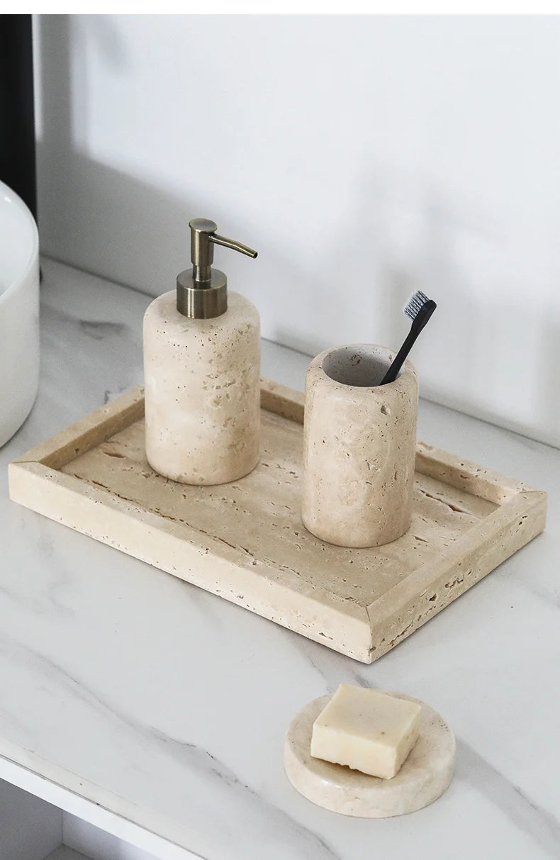 Stone Bathroom Soap Dispensers Set - 4PCS Mouthwash, Toothbrush ,Cup, & Soap Dish